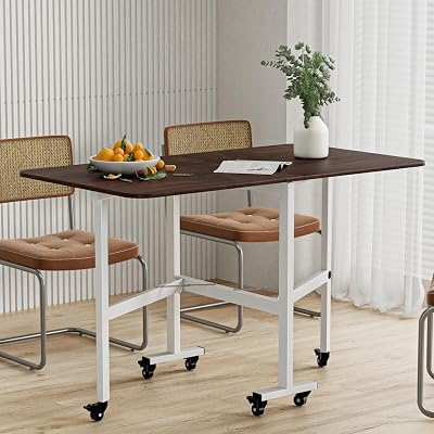 Folding Dining Table, Drop Leaf Dining Table, Foldable Expandable Table, Space Saving Table, Solid Wooden Foldable Kitchen Table with 6 Wheels for Kitchen, Bedroom, Dining Room Brown