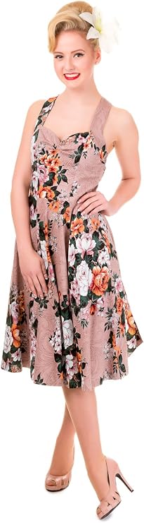 50s Rockabilly All Over Floral Print Summer Halter Neck Vintage Swing Dress (L)
