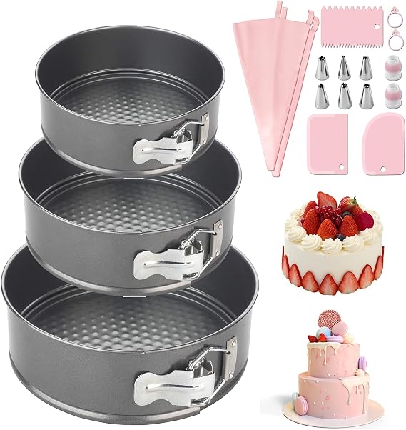 Baking Set of 3 (18cm/20cm/22cm) Spring Cake Pan for Cheesecake, Non-Stick Feather Baking Tray with Loose Base, Leakproof Cheesecake Mould,