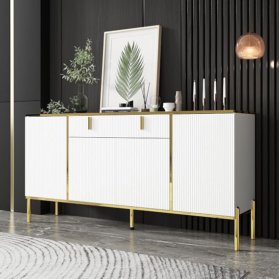 Modern Credenza Sideboard Buffet with Drawer & Pop-Up Doors, Buffet Sideboard Storage Cabinet with Gold Metal Legs, for Living Room Hallway White and Gold (63W x 15.7D x 31.5H)