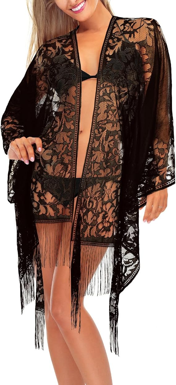Beach Cover Up for Women Swimsuit Cover Up, Sexy Elegant Lace Kimono Long Beach Dress, Floral Lace Bikini Swim Coverup Blouse, Sarong Shawl Tops Open Front Cover Ups V Neck Hollow Out Swimwear
