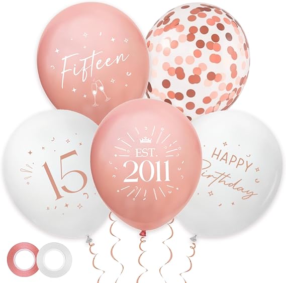 30 Pack 15th Birthday Balloons Decorations - Rose Gold 15 Party Decor for Girls Fifteen Balloon with Ribbon, Retro Vintage Classic EST. 2001 Happy 15th Birthday Decoration
