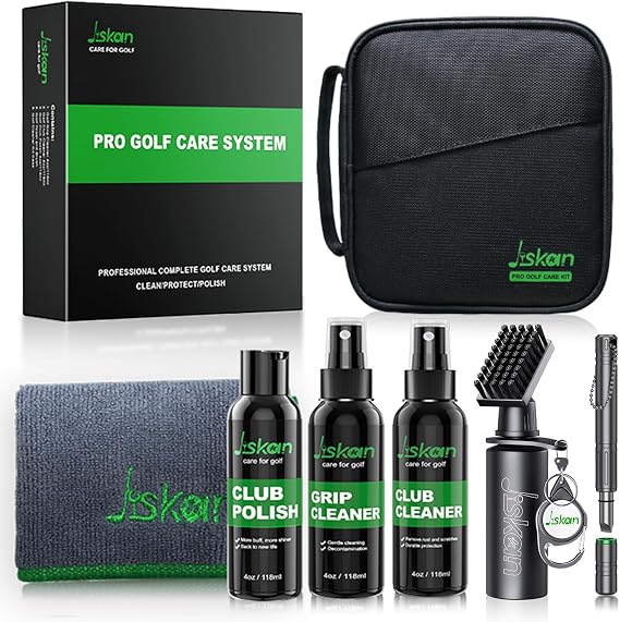 Jiskan Pro Golf Cleaning Kit with Golf Club Cleaner Brush, Grip Cleaner, Club Polish, Towel, Club Groove Sharpener Tool and Portable Case, Essentials Golf Accessories for Men Golf Gifts for Golfers