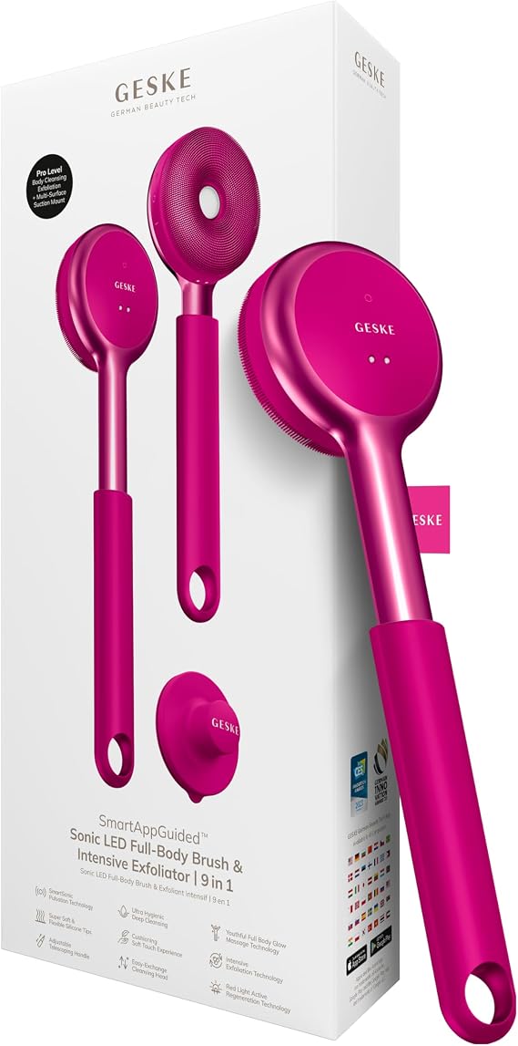 GESKE LED Sonic Full-Body Brush | 9 in 1 | Body Cleansing Brush & Intensive Exfoliator with LED | with SmartSonic Pulsations | Expert Deep Cleansing & Massage | Rough Skin Remover | Adjustable Handle