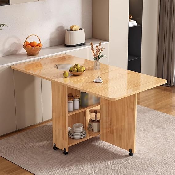 solid wood Extendable Drop Leaf Folding Dining Table with 2 Storage Space, folding dining table with wheels for Living Room Kitchen Farmhouse Space Saving(100cm)
