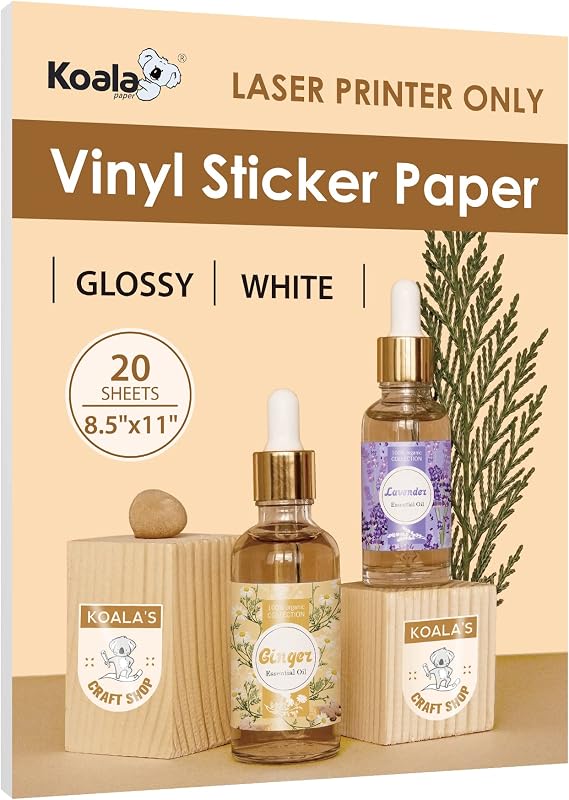 Koala Printable Vinyl Sticker Paper for Laser Printers, Glossy Waterproof
