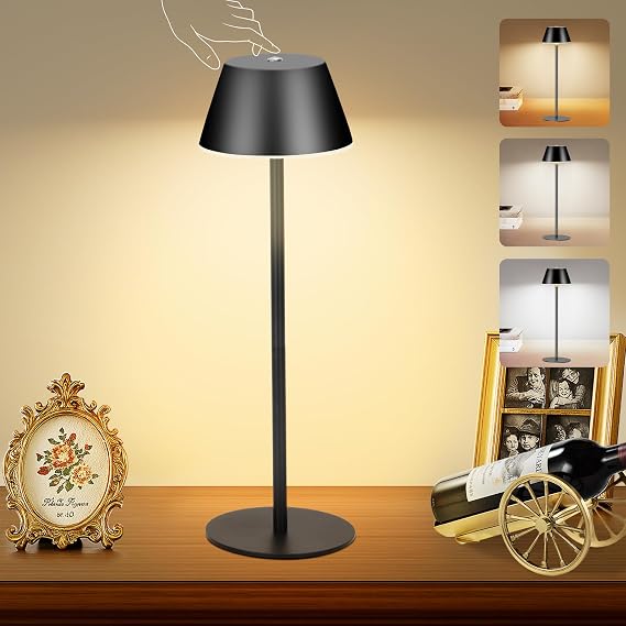 Cordless Table Lamps, LED Rechargeable Battery Operated Lamp with 2 Adjustable Height 3 Colors Stepless Dimming, Touch Control Wireless Desk Lamp for Restaurant,Bars,Coffee Shop (Black Set of 1)