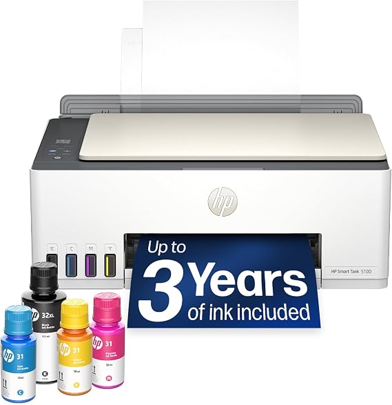 HP Smart Tank 5100 Wireless All-in-One Refillable Printer, Scanner, Copier with up to 3 Years of Ink Included, Best-for-Home, Cartridge-Free, AI-Capable (9B2D1A)