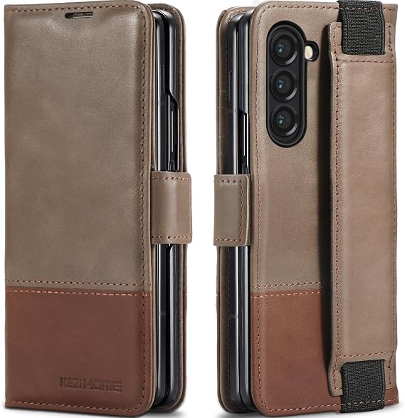 KEZiHOME Genuine Leather Wallet Case for Samsung Galaxy Z Fold 6 | Gray/Brown, RFID Blocking with Card Slots, Stand, Flip Protective Phone Cover Compatible with Galaxy Z Fold 6 5G