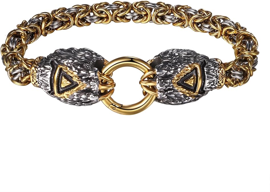 OIDEA Stainless Steel Viking Bracelet for Men: Punk Wolf Bracelet Gothic Byzantine King Chain Wolf Head Link Chain Bracelets Viking Jewelry Gift