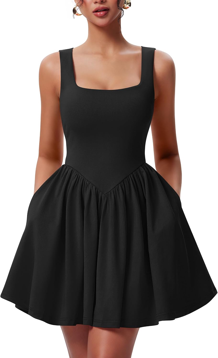 YMDUCH Womens Summer Sleeveless Square Neck A-line Ruffle Hem Mini Tank Dress with Pockets