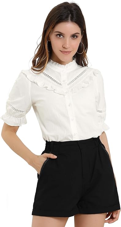 Allegra K Women Cotton Short Sleeve Ruffle Button Down Blouse