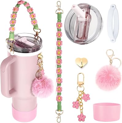 40oz Tumbler Accessories for Stanley Quencher Protour Set Including Leak Proof Flip Straw Lid, Water Bottle Handle Strap, Silicone Cup Boot, Charms for Stanley Cup Accessories Pink