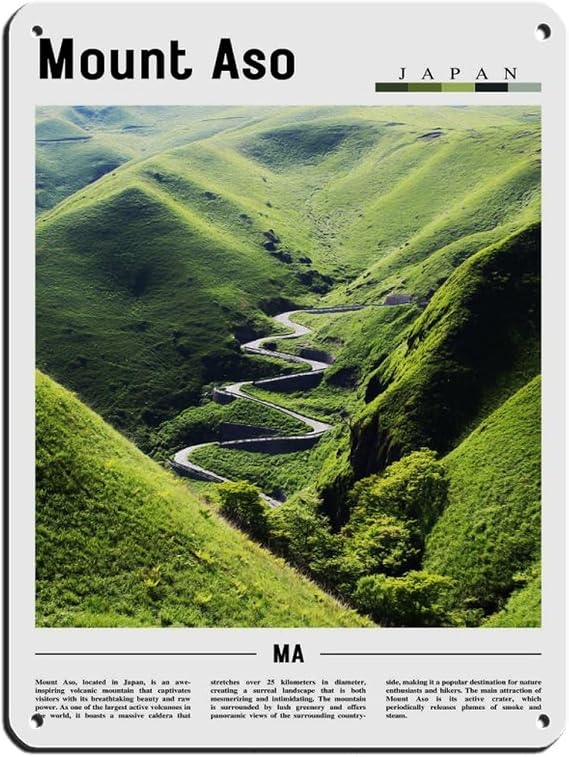 INVFKNLD Mount Aso Japan Travel of Famous Asian City Scenery Retro Poster Metal Tin Sign Chic Art Retro Iron Painting Bar People Cave Cafe Family Garage Poster Wall Decoration Style12x16inch(30x40cm)
