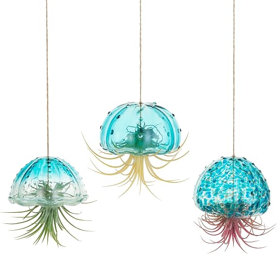 Glasseam Glass Jellyfish Decor, 3 Pcs Hanging Air Plant Holders with Jute