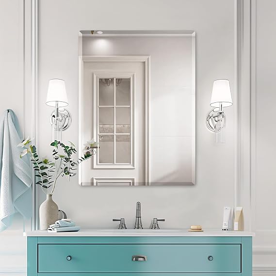 Mirrorons Beveled Bathroom Mirror 24"x32" Frameless Mirror Rounded Corner | Modern Wall Mount Vanity Mirror, Hangs Horizontally or Vertically, Rounded Rectangle, Shatterproof, Upgraded Packing