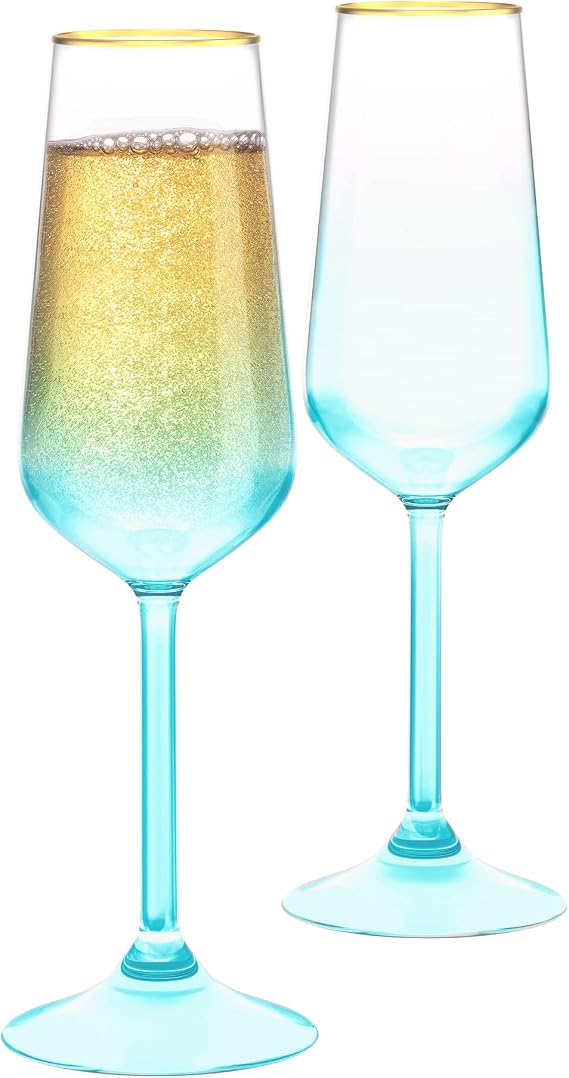 RAKLE Champagne Flutes Set of 2 Blue Champagne Glasses with Gold Rim Premium Champagne Flutes Glass Set 6.6oz Tall Stemmed Cocktail Glasses Ideal for Bar, Party, Wedding, Home
