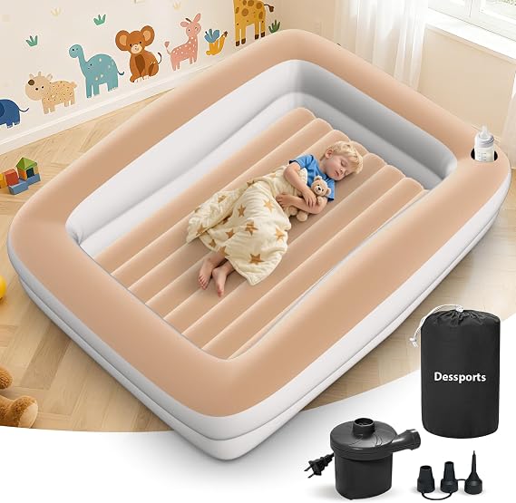 Inflatable Toddler Travel Bed - 67 Inches Portable Blow Up Bed with Safety Sides - Kids Air Mattress with Electric Pump & Carry Bag - Lightweight Camping Essential Bed for Sleeping Outddor - Khaki