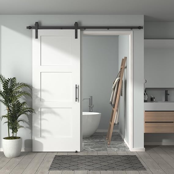 36in x 80in Pre-Assembled Sliding Barn Door with 6.6ft All-in-ONE Black Hardware Kit, 3-Panel Shaker Design, Solid Core, White Primed, with One-Piece Track, Includes Handle and Lock