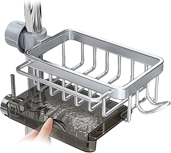 Kitchen Sink Faucet Organizer, Faucet Rack, New Sponge Holder for Kitchen Sink, for 0.7-1.1inch Round Water Pipe (Silver,Left)