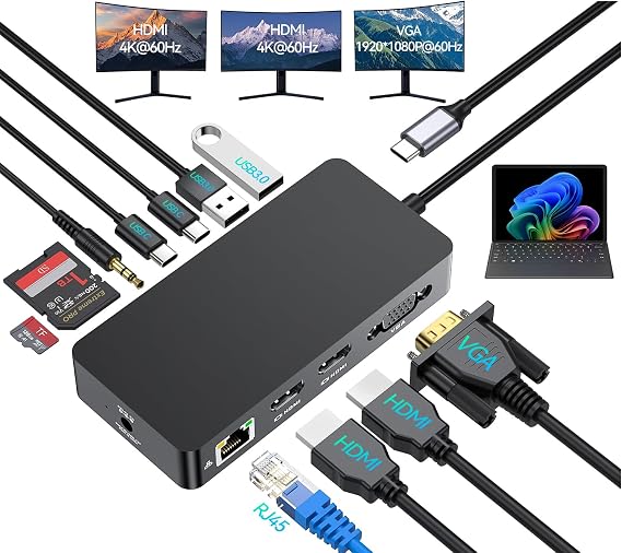 Surface Thunderbolt 4 Docking Station, 12-in-1 Surface Pro Dock Dual 4K@60Hz HDMI VGA Triple Monitor Adapter Compatible with Microsoft Surface Pro 13 12 11 10 9 8 7 X, Surface Laptop 7 6 5, Go, Book