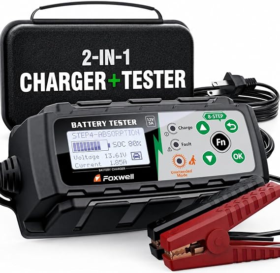 FOXWELL BC521 2-in-1 Battery Charger & Tester, Test Before Charging 12V 5A | Test Car Battery Health, Cranking and Alternator Output, Then Use 8-Stage Charging, Pulse Repair Or Battery Maintenance