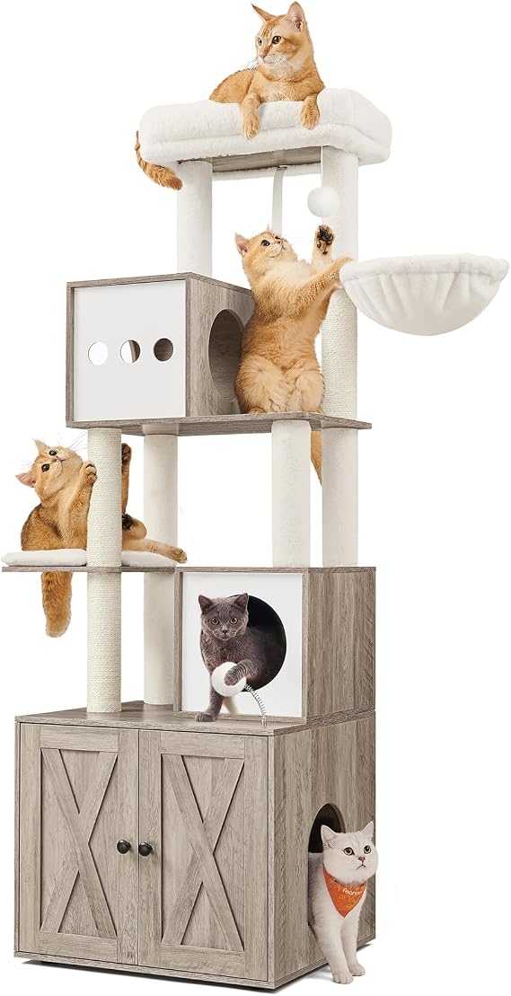 Feandrea Cat Tree with Litter Box Enclosure, 70.1-Inch Tall Cat Tower, 2-in-1 Modern Condo with Scratching Posts, Perch, Caves, Basket, Washable Cushion, Heather Greige UPCT116G01 | 2-in-1 Farmhouse Condo, Scratching Posts, Perch, Caves, Basket, Washable Cushion, Heather Greige, HAINS Collection UPCT116G01