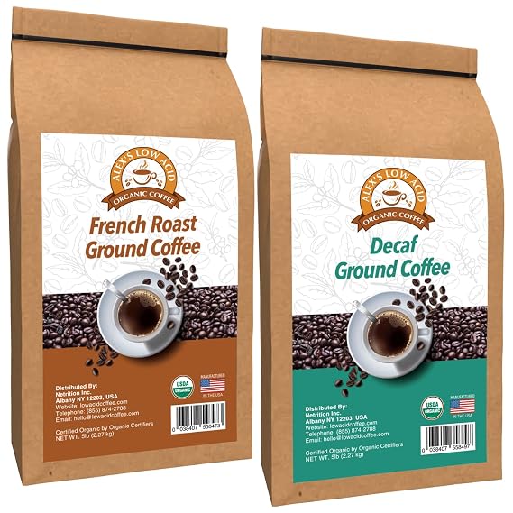 Alex's Low Acid Organic Coffee Perfectly Prepared Host 5lb Fresh Ground Variety Pack