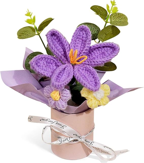 Crochet Flowers, Crochet Flower Bouquet, Knitted Flowers, Handmade Purple Tulip, Home Decor Accent, Decorative Floral Arrangement, Handcrafted Crochet Bloom, Unique Gift Idea, Long-Lasting Artificial