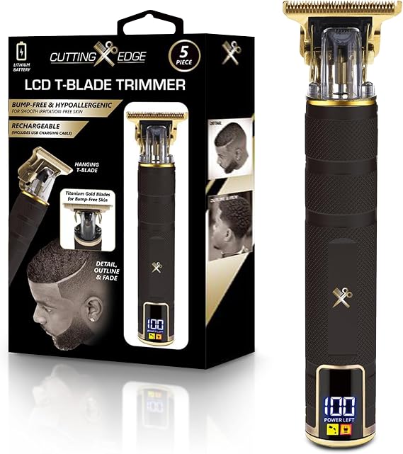 Cutting Edge T-Blade Trimmer for Men, Hypoallergenic T-Blade Trimmer with 4 Guide Combs (1mm, 2mm, 3mm, 4mm) LCD Screen, Rechargeable 120 Minute Run-Time, Bump-Free & Irritation-Free, Ergonomic Design