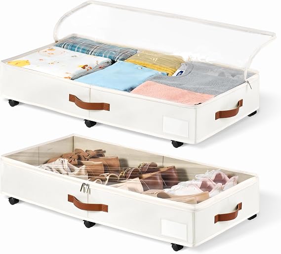 6 Inches Under Bed Storage with Wheels Pack of 2, Underbed Shoe Storage Container Bin with Clear Lid Cover, Rolling Under Bed Drawer Storage Bag Basket for Shoe Organizer Sheet Sweater - White