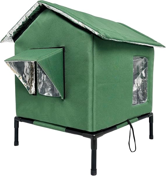 Outdoor Cat House Waterproof Cat Shelter Elevated Cat Niche Cozy Cushion Oxford Aluminum Materials Suitable for Porch Balcony, Green, L
