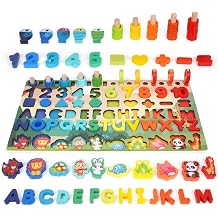Wooden Alphabet Number Shape Puzzles Toddler Learning Puzzle Toys for Kids - Montessori Toys for Toddlers Fishing Toy - Wooden Rings Counting Sorting Toys Math Shape Block Preschool Educational Toys