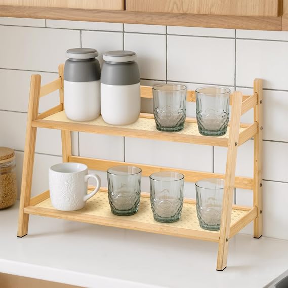 2-Tier Coffee Station Organizer Shelf, Bamboo Kitchen Countertop Worktop