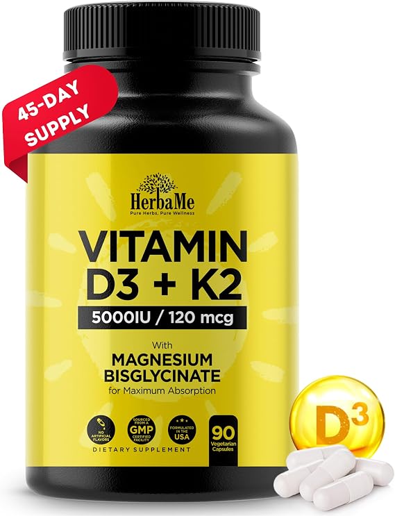 HerbaMe Vitamin D3 5000 IU + K2 with Magnesium Bisglycinate Formula