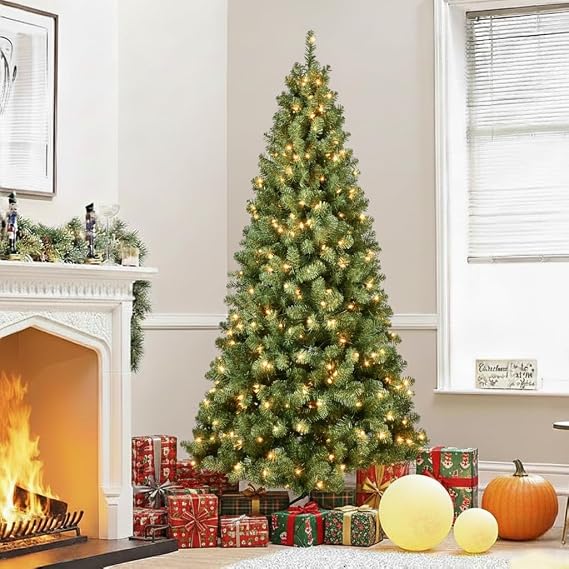 7FT Prelit Christmas Tree, Premium Artificial Christmas Tree with 400 Lights and 1072 Branch Tips, Memory Wire Pre Lit Hinged Xmas Trees with Metal Base for Holiday, Party, Home Decoration