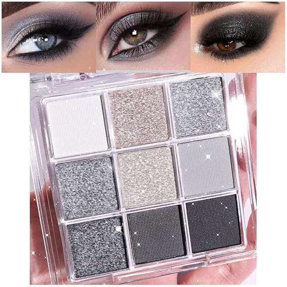9 Colors Silver Gray Glitter Eyeshadow Palette, Black Smokey Grey and Silver White Sparkle Glitter Shimmer Shiny Eye Shadow Palette Makeup kit for older Women, High Pigment Waterproof eyeshadow