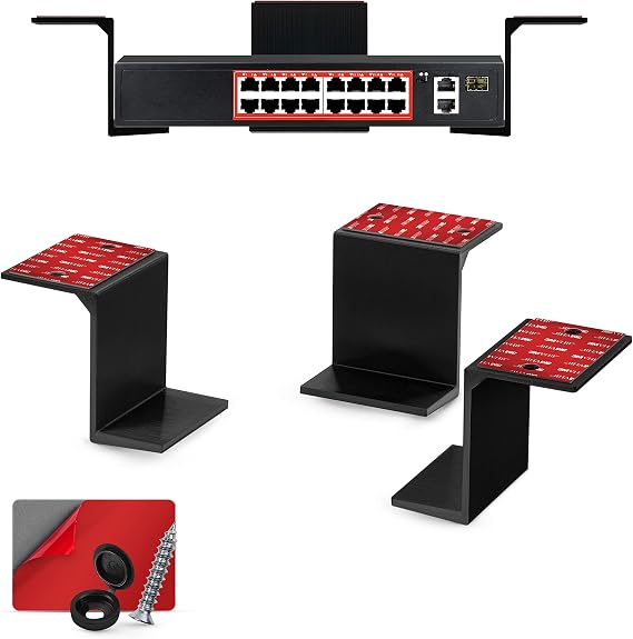 BRAINWAVZ 3 Under Desk Laptop & Device Holder Mount, Adhesive & Screw in, Devices Upto 3" - Small Computers Laptops MacBook Surface Keyboard Routers Modems Cable Box Network Switch & More (Black)