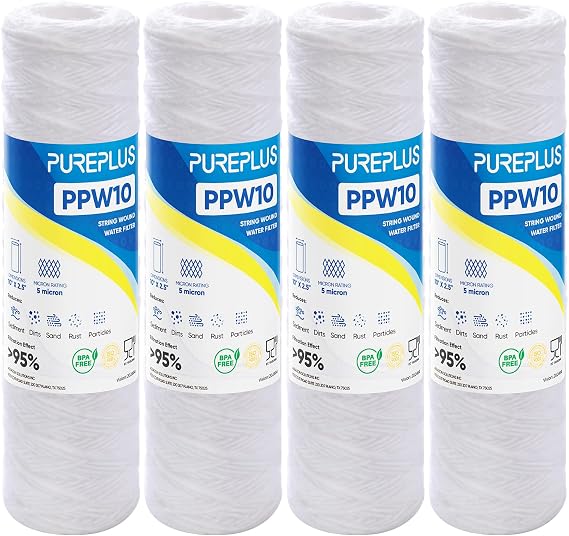 PUREPLUS 5 Micron 10x2.5 Hauswasser-Sedimentfilter aus Faserwickel für Brunnenwasser - Ersatzpatrone für RO-System WP-5 Aqua-Pure AP110 CFS110 Culligan P5 WFPFC4002 4 Stück