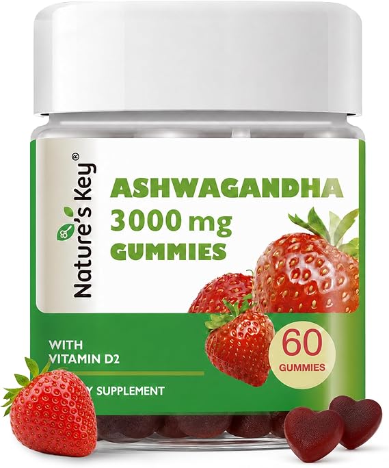 Nature's Key Ashwagandha Gummies, High Potency Root Extract+D2, 60CT