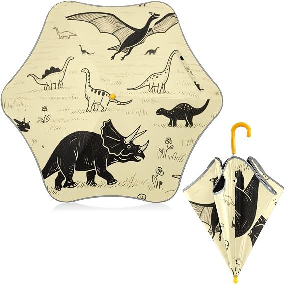 Beige Vintage Dinosaur Travel Umbrellas with Reflective Strip Rain & Windproof Kids Umbrellas Pinch-Proof for Kids Boys and Girls