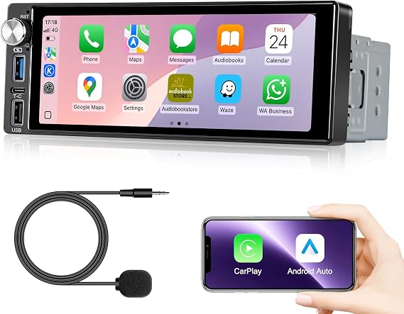Single Din Car Stereo Radio with Wireless Carplay Android Auto, 6.9" 1080P HD Touchscreen Linux Head Unit
