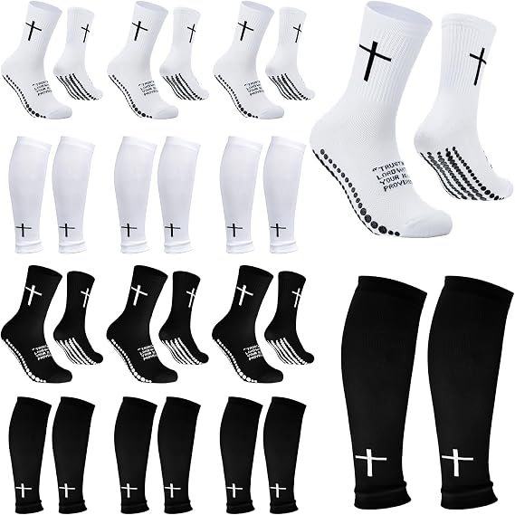 12 Pairs Cross Grip Soccer Socks Soccer Shin Guard Sleeves Non Slip Christian Socks with Bible Verse for Men Women