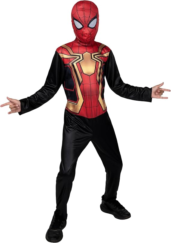 Marvel Integrated Spider-Man Official Youth Halloween Costume - Premium Quality Printed Jumpsuit with Pull On Fabric Mask