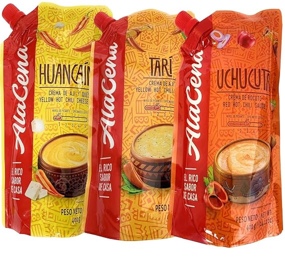 Alacena | Salsa HUANCAINA, Crema de Aji y Queso | TARI Crema de Aji | UCHUCUTA Crema de Rocoto | Nuevo Sachet | Combo - Total 3 X (400gr 14.11 Oz) by Lexys