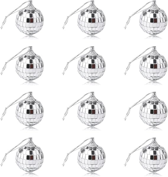 12Pcs Silver Disco Mirror Ball for Party Decoration, Christmas Tree Wedding Birthday Party Ornaments (1.18 inch)