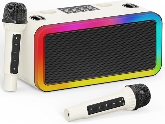 Portable Karaokee Machine 2 Microphones, Outdoor Bluetooth Speaker Karaoke Machine, Karaoke Microphone Machines Kid Adult Wireless PA TF USB Sound Effect Light Outdoor/Indoor Home Party, Brown