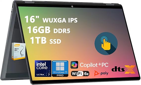 HP OmniBook X Flip 2-in-1 Laptop | 16" WUXGA IPS Touch | Intel 8-Core Ultra 7 256V | 16GB DDR5 1TB SSD | Copilot+ AI PC for Creator Designer Business Professional Win11 Pro w/DLCA Accessory