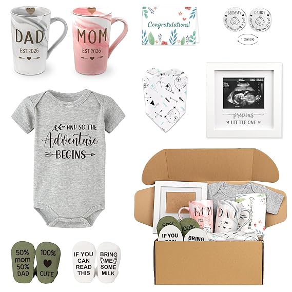 New Parents Gift Set Est 2026 Pregnancy Announcement Gifts for Couples-First Time New Mom Basket for Baby Shower Gender Reveal-Mom & Dad Mugs, Decision Coin, Baby Ultrasound Frame, Onesie, Bib, Socks