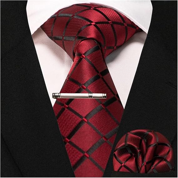 Ties for Men Plaid Men's Tie 8cm Silk Business Necktie Handkerchief Tie Clips Set Wedding Party Tie(032)